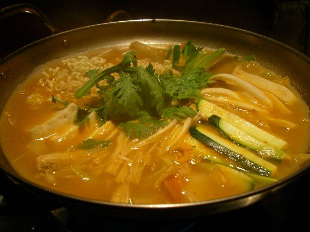 Budae jjigae, Korean army base stew, in a bubbling communal pot