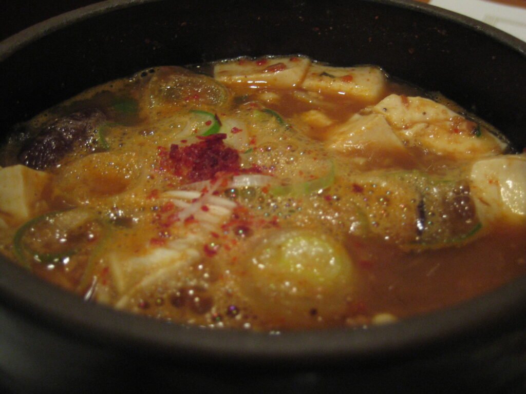 Doenjang jjigae, Korean fermented soybean paste stew, served in a ttukbaegi earthenware pot